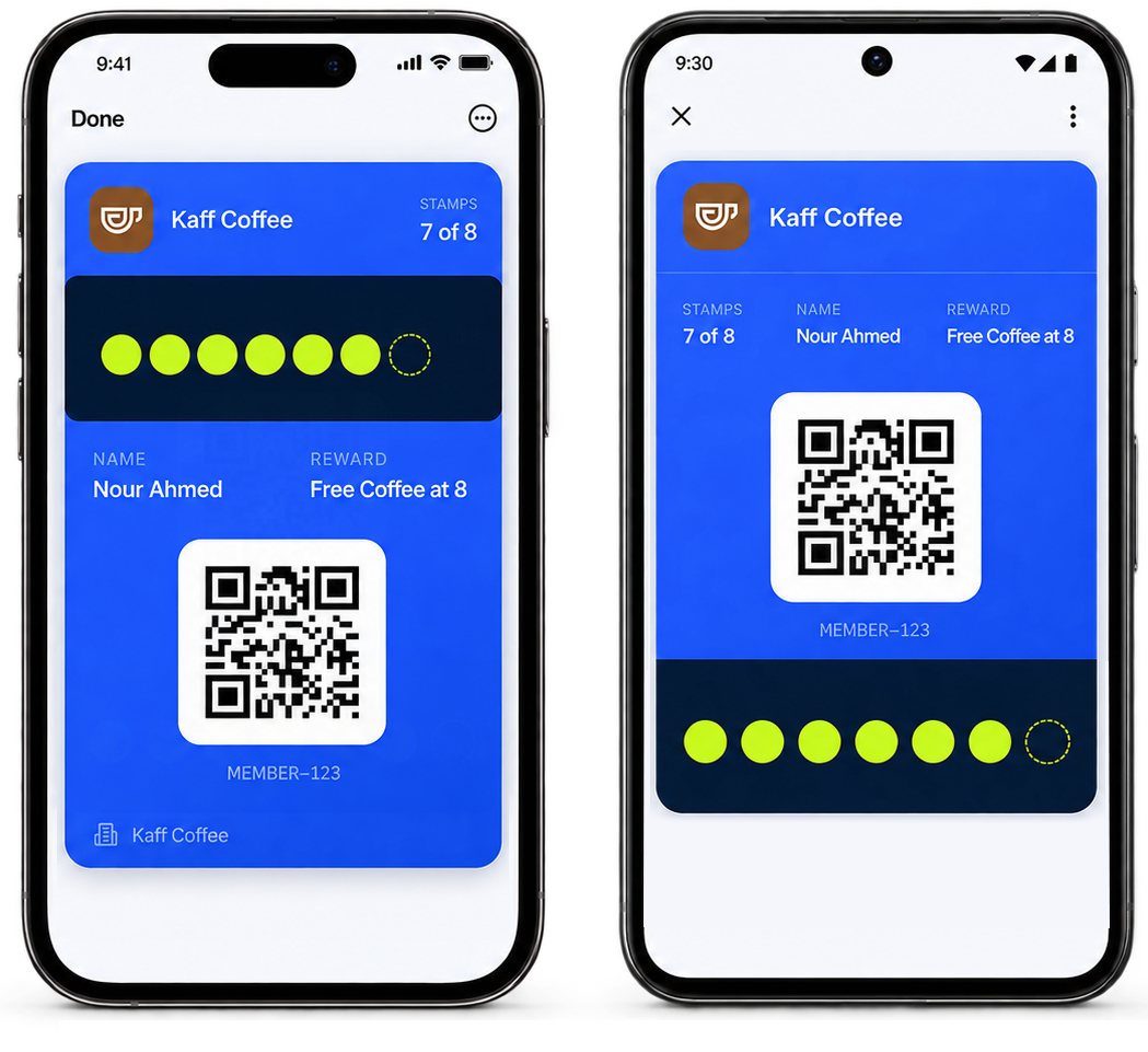 نفس كارت ولاء كافيه كفّ مفتوح في Apple Wallet على آيفون وفي Google Wallet على أندرويد، سبع ختمات من تمانية